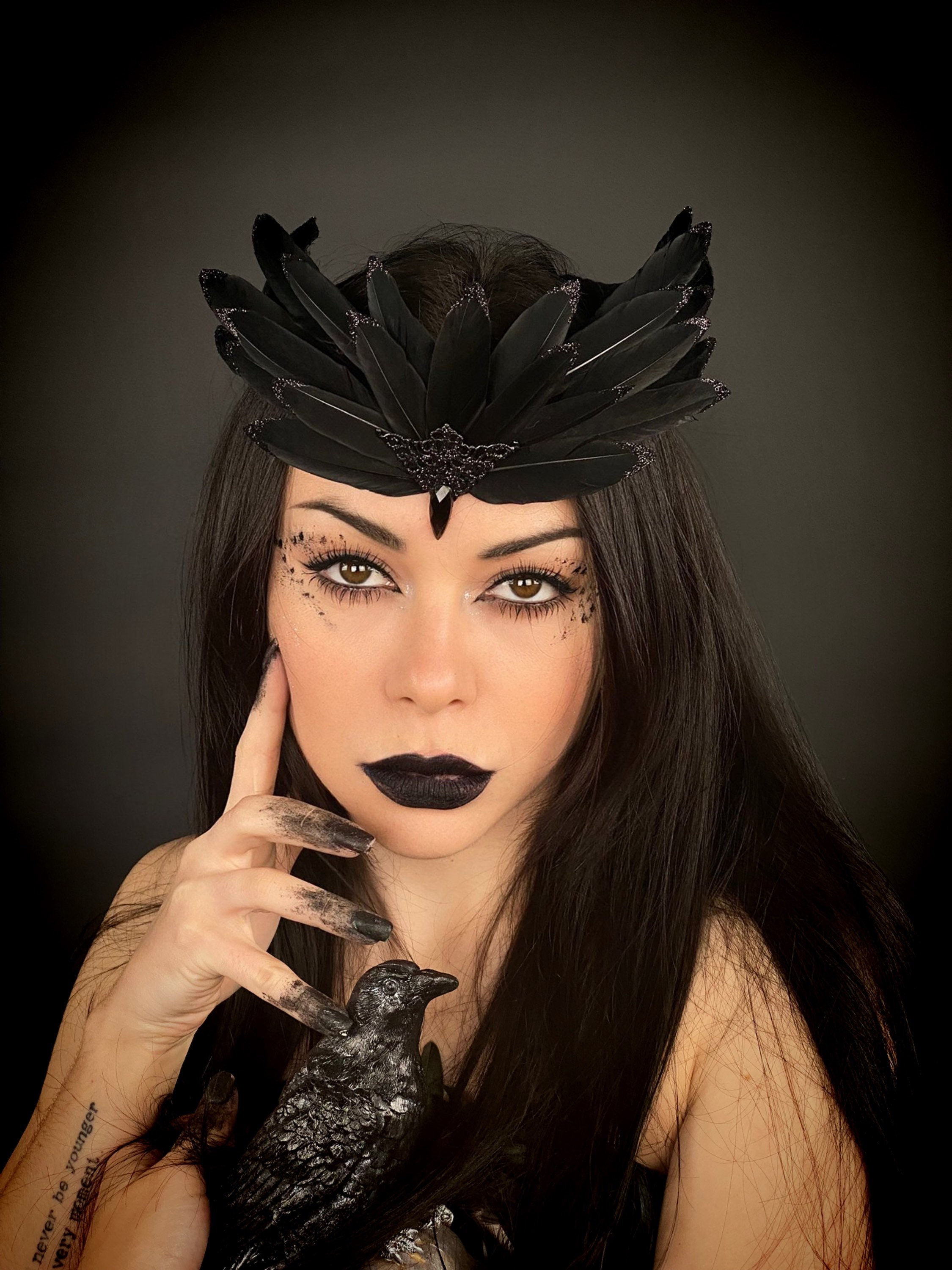 Burning Man, Black Raven Feather Headdress, Dark Fairy Crown 