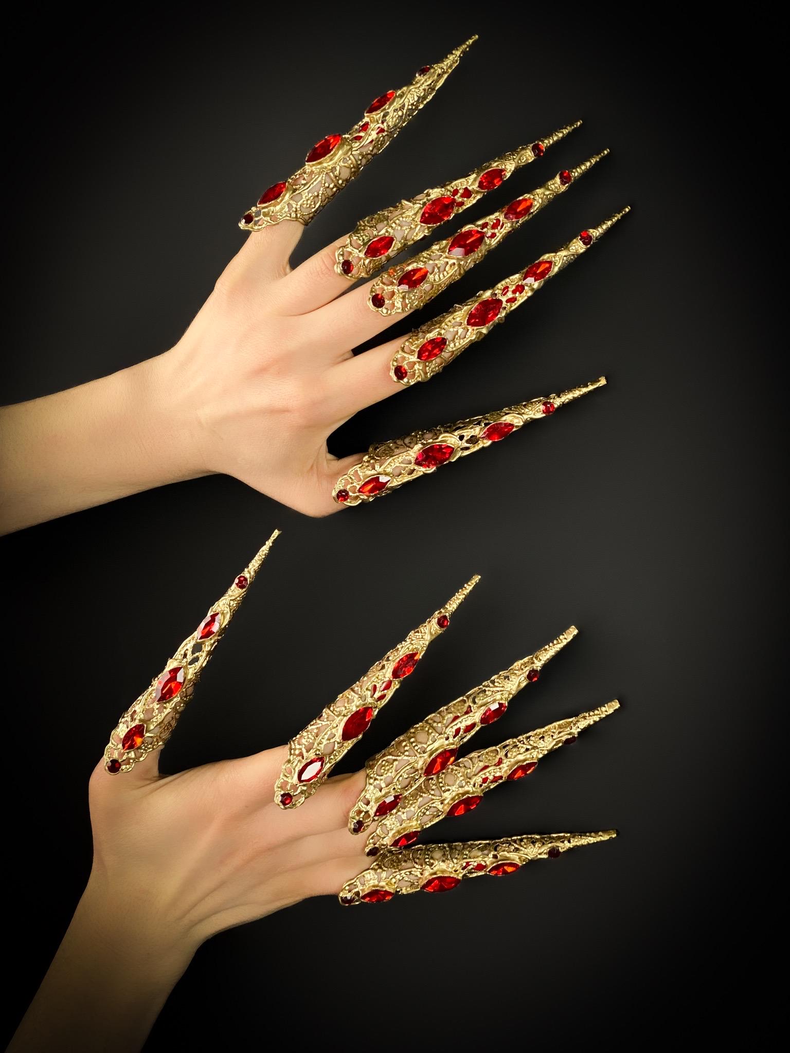 Burning Man, Gold Gothic Finger Accessories, Red Hearts Rhinestones ...