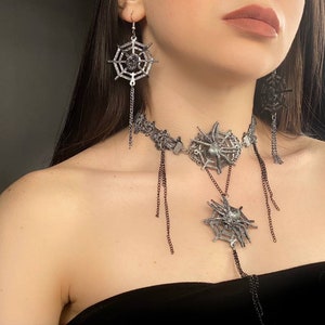 Spider choker, Gothic web jewelry, Silver necklace, Gothic necklace, Gold jewelry, Halloween jewelry web pendant