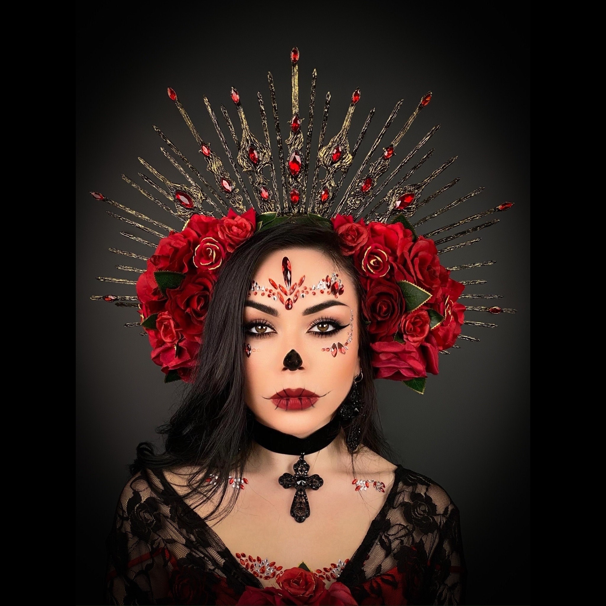 Santa Muerte Crown, Gothic Goddess Halo With Red Roses - Etsy
