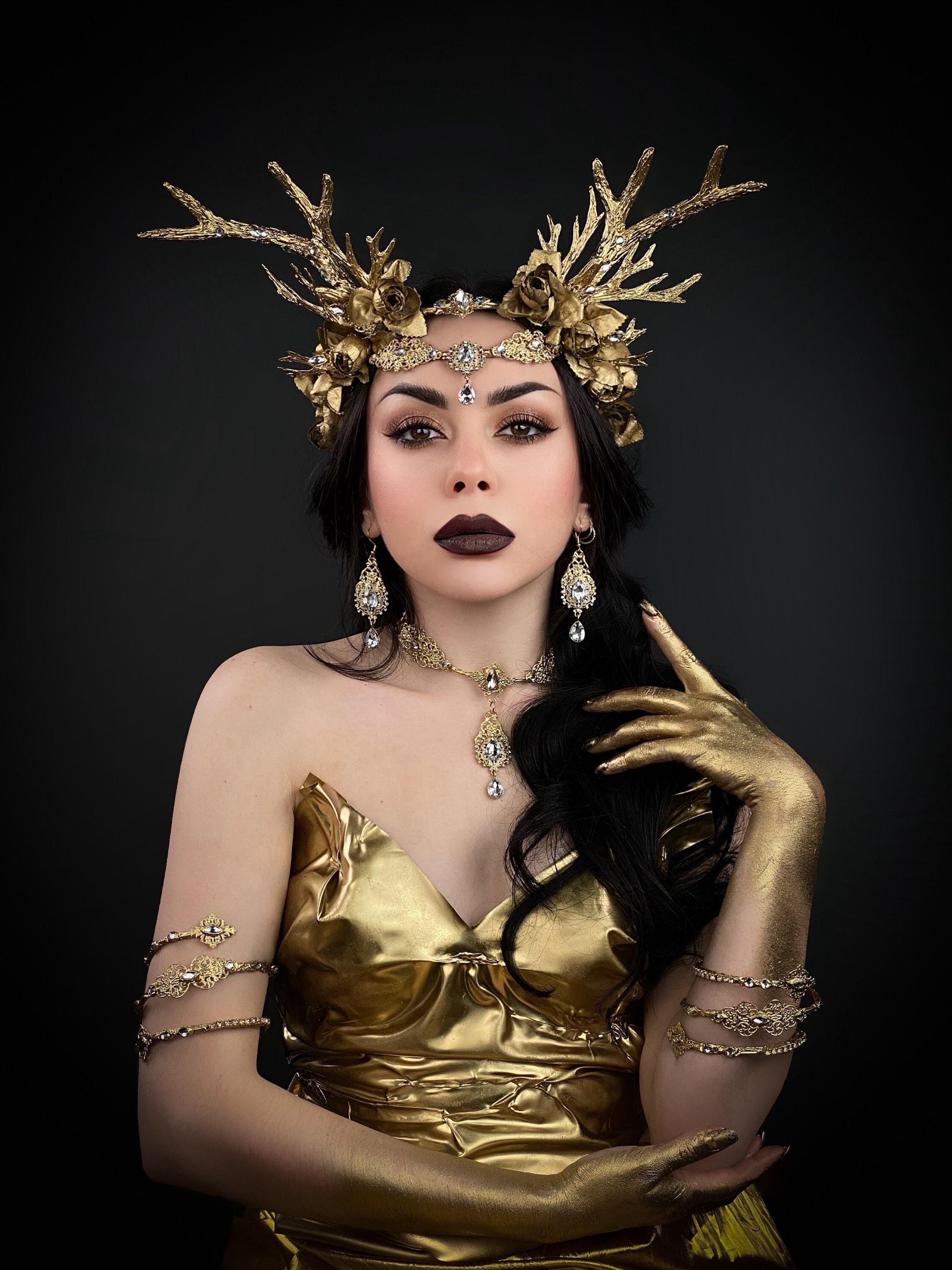 Halloween, Gold Fairy Tiara, Elven Headdress, Wood Elf, Gold Deer Antlers, Flower Horns, Met Gala