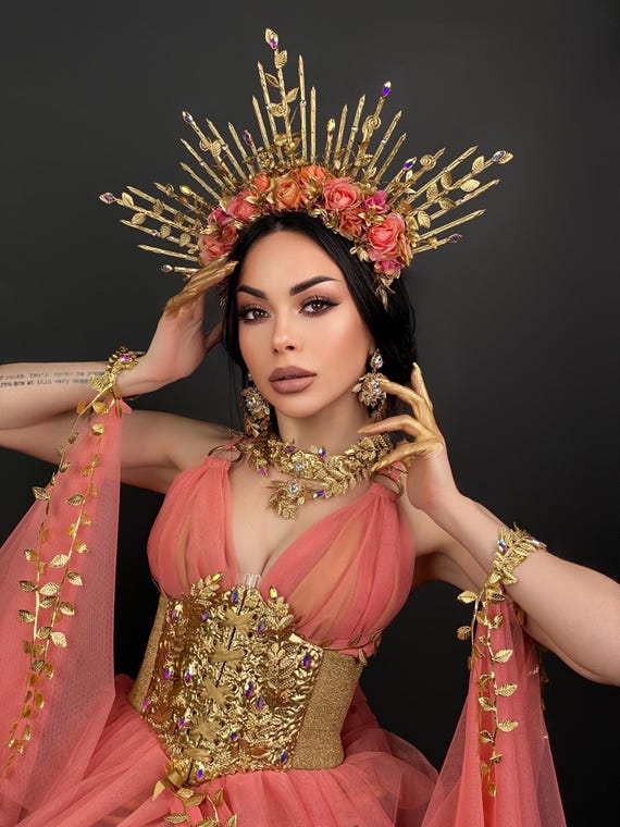 Mardi Gras Costume, Gold Spike Halo Crown, Pink Coral Roses  display picture 1