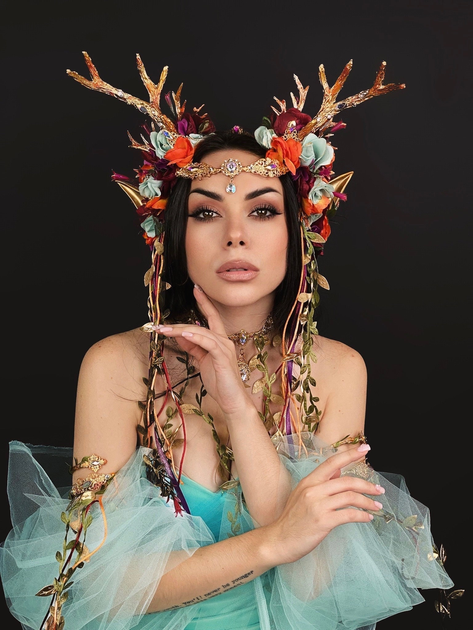 Mardi Gras Costume, Fairy Elf Headdress: Flower Horns, Deer  display picture 1