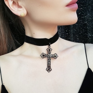 Gothic Cross, Gothic Jewelry, Gothic Necklace, Victorian Cross Pendant, Medieval Choker, Renaissance Necklace, Cross Choker image 1