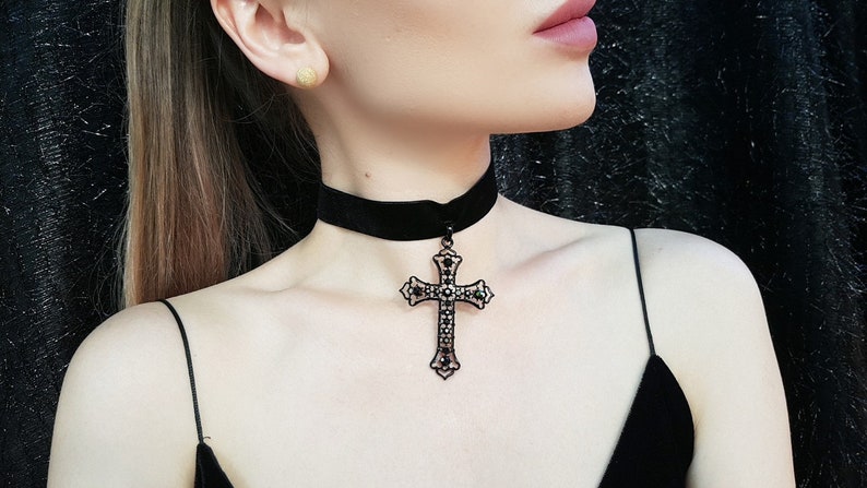 Gothic Cross, Gothic Jewelry, Gothic Necklace, Victorian Cross Pendant, Medieval Choker, Renaissance Necklace, Cross Choker image 1