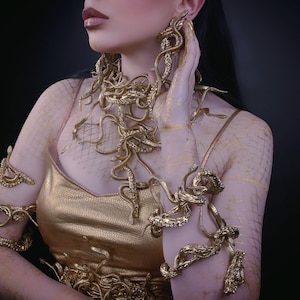 Gold Snake Necklace, Snake Earrings, Medusa Gorgon Costume Jewelry, Gothic Jewelry, Medusa Necklace, Gorgon Necklace, Snake Stud Earrings