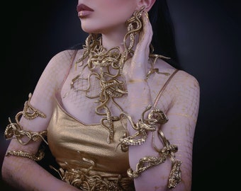 Gold Snake Necklace, Snake Earrings, Medusa Gorgon Costume Jewelry, Gothic Jewelry, Medusa Necklace, Gorgon Necklace, Snake Stud Earrings