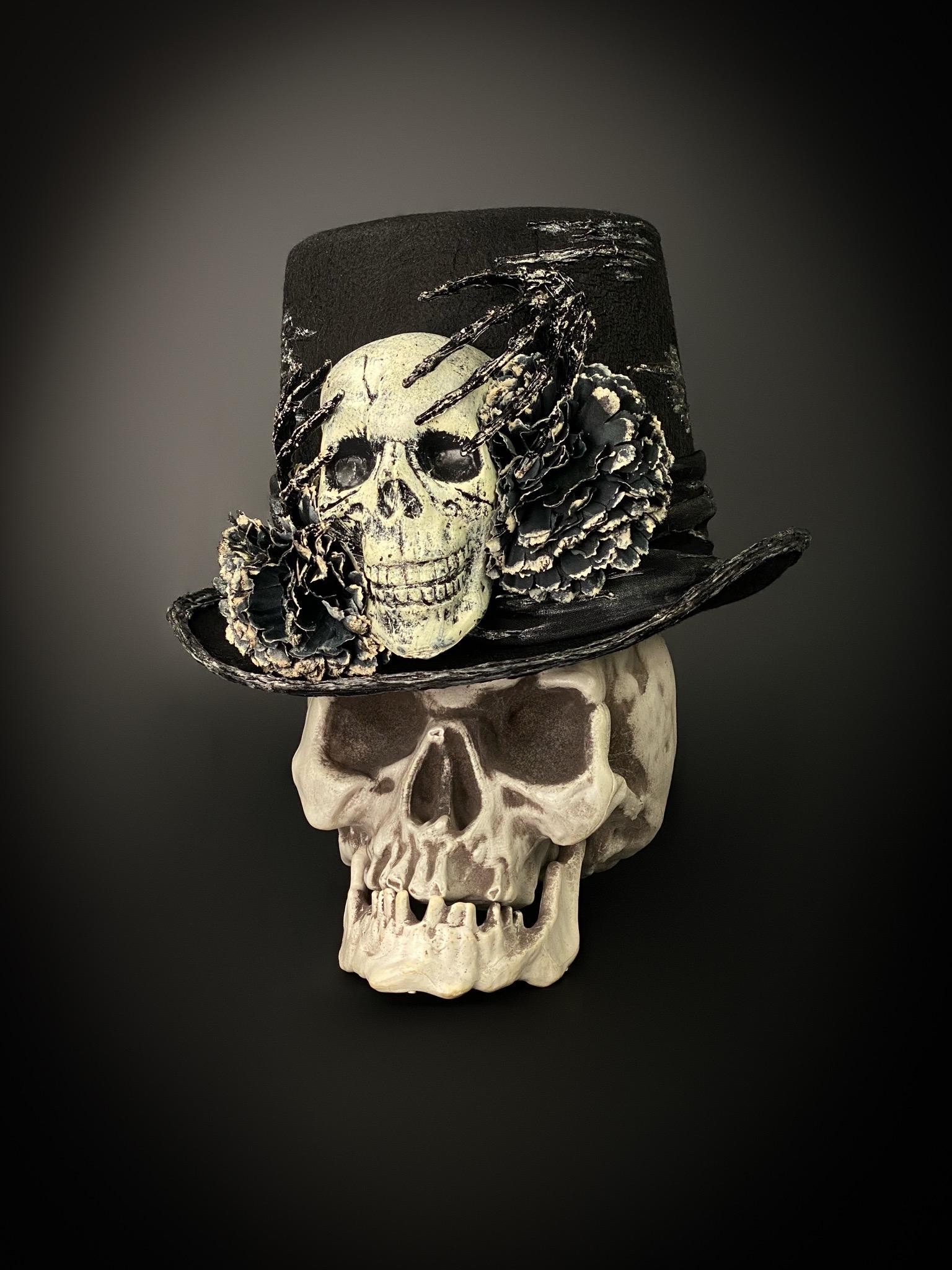 Halloween Skeleton Bride and Groom Dancing in Wedding Dress and Suit with Top Hat, Watercolor