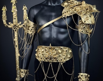 Halloween, Handmade Golden Neptune Accessories, Poseidon Cosplay Armor, Underwater Disco Party Set