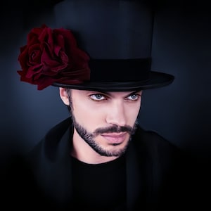 Black Mens Top Hat With Rose, Folding Top Hat, Gothic Wedding, Day Of The Dead, Halloween Black Hat, Halloween Headwear, Día de Los Muertos