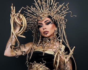 Halloween, Gold Gorgon Medusa Crown, Spiked Gothic Snake Headband