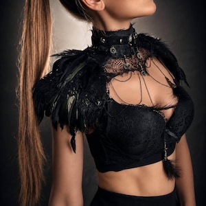 May include: Black lace bra and matching high-neck collar with feather accents. The collar is adorned with small, decorative embellishments and dangling chains. The shoulder piece is made of black feathers.