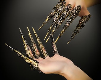 Set Metal Claws, Gold Black Finger Claws, Filigree Jewelry, Metal False Nails, Gothic Fingers Jewelry, Halloween, Sugar Skull, Photo props