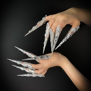 Silver Finger Claws, Filigree Jewelry, Metal False Nails, Ice Queen Fingers Jewelry, Nails Jewelry, Snow Queen, Sugar Skull
