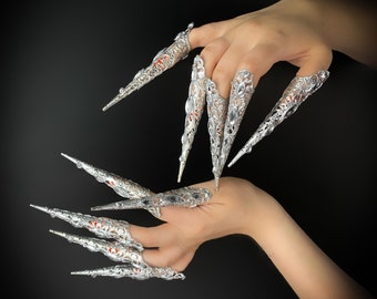 Silver Finger Claws, Filigree Jewelry, Metal False Nails, Ice Queen Fingers Jewelry, Nails Jewelry, Snow Queen, Sugar Skull
