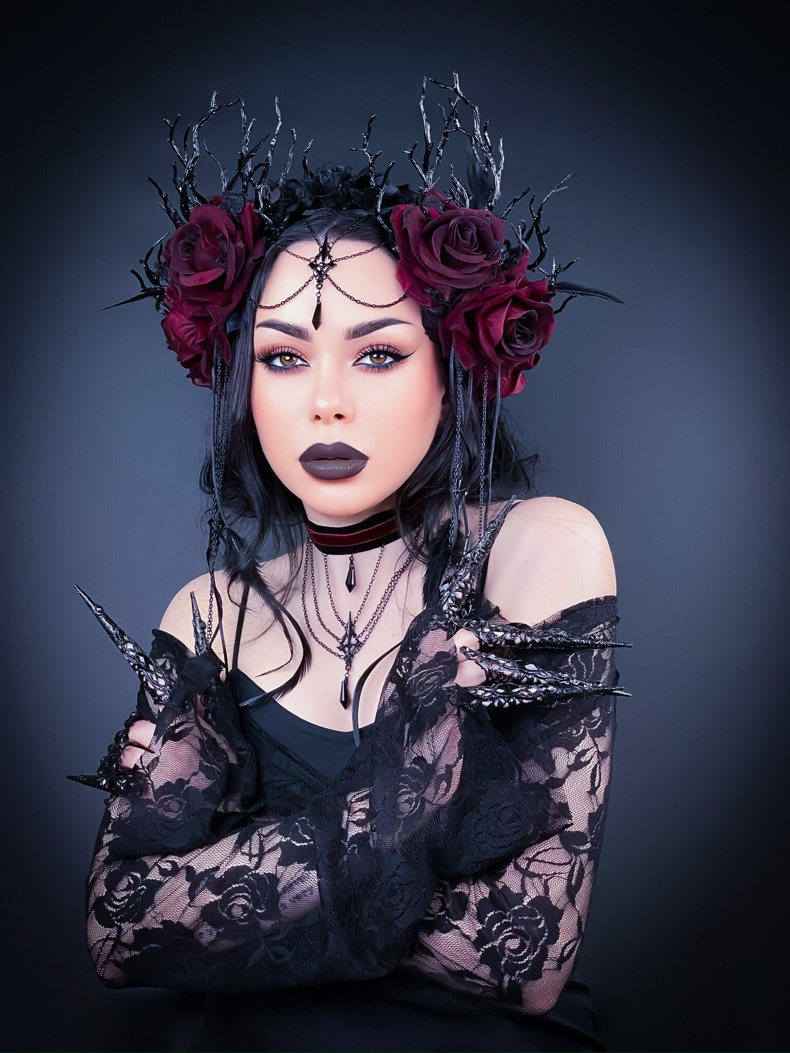 Halloween Vintage Rose Floral Gothic Crown Headpiece 5pcs Black Rose Flower Crown: Gothic Halloween Wedding Headpiece  main image 3