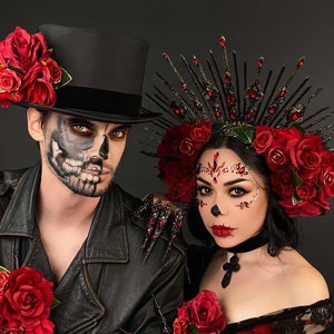 Gotische kroon paar, Santa Muerte-hoofddeksels voor stel, Santa Muerte-kroon en hoge hoed voor mannen en vrouwen, Dia de los Muertos, suikerschedel