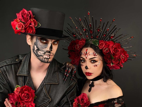 【DR.MUERTE】ギャッベ 87×57cm No. H.1095 Santa Muerte Couple Headpieces, Gothic Crown and Top Hat, Dia De