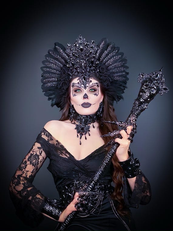 Mardi Gras Costume, Gothic Santa Muerte Feather Crown  display picture 1