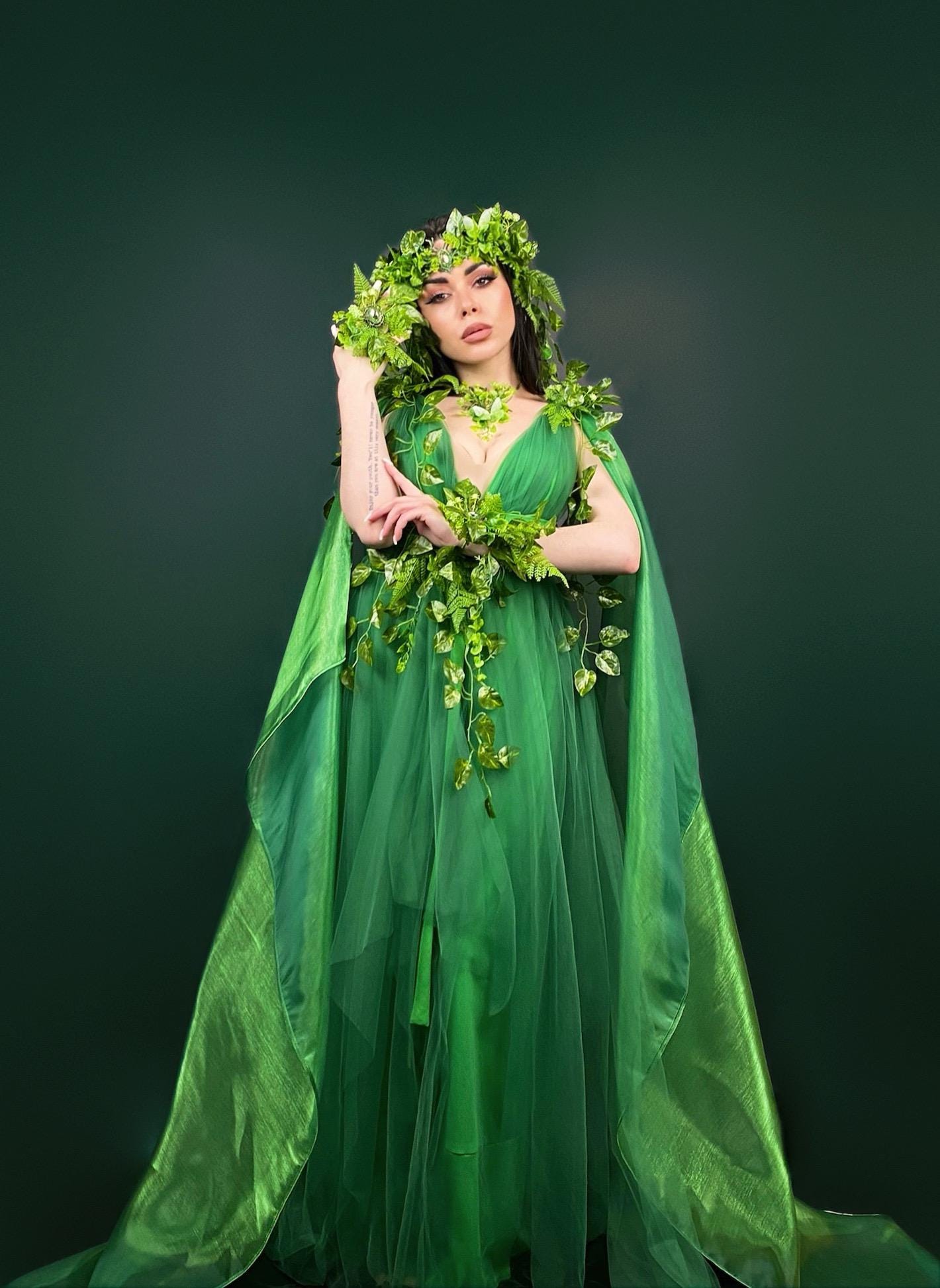 green colour fancy dress ideas Halloween, Forest Fairy Costume, Elf Headdress, Gaia Goddess Tiara Angelina Midi Dress