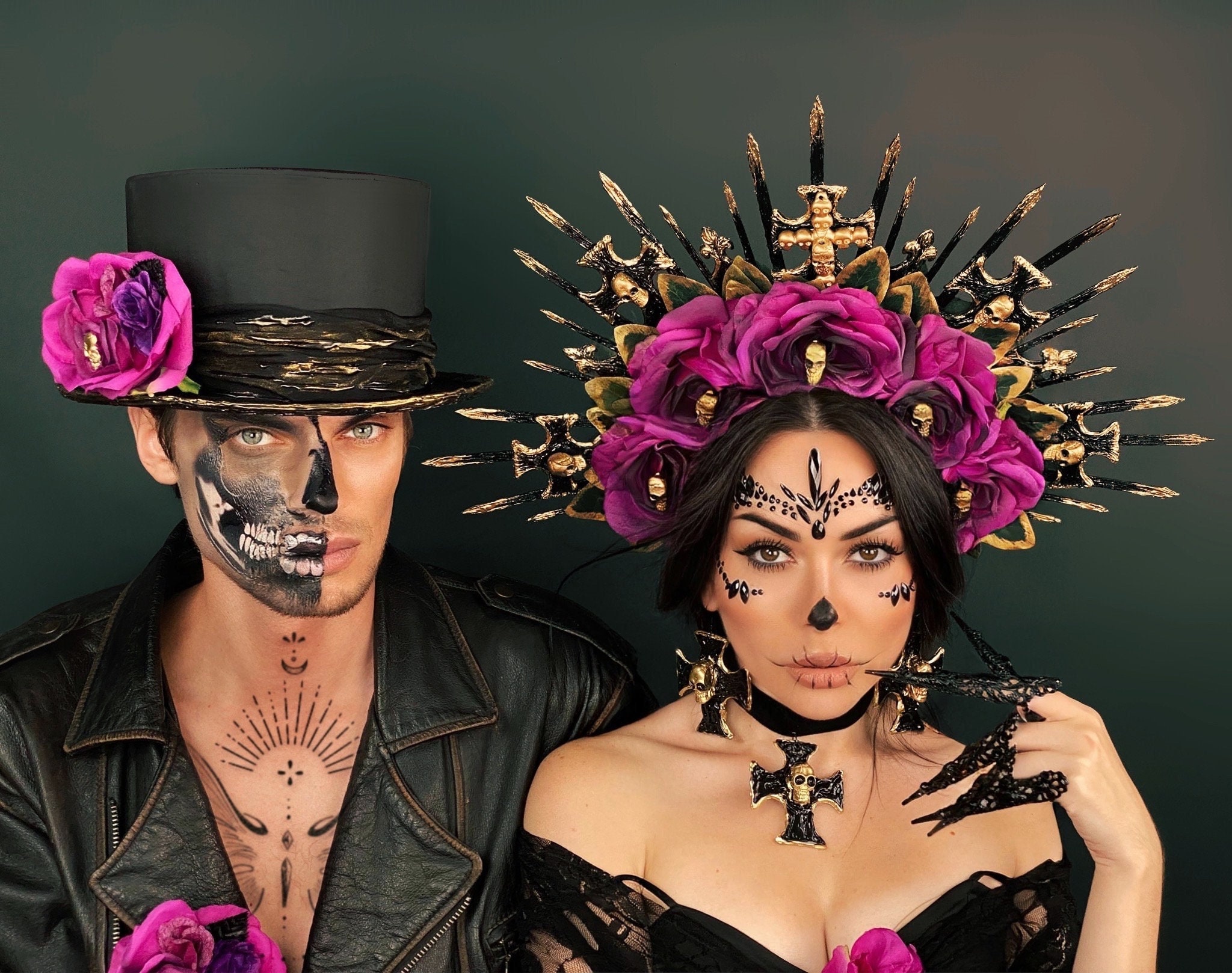 Santa Muerte Headpiece Set, Gothic Crown and Top Hat, Dia De Los