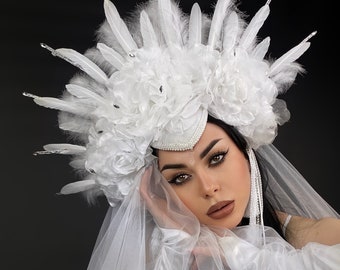 White goddess headdress, Masquerade headpiece, Mardi Gras carnival headdress, Headpiece Festival Burlesque, Showgirl Headdress, Halo crown.