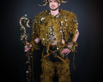 Halloween, Forest King Costume, Faun Horns Headpiece, Faux Fur Cape