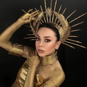 Fashion Gold Headband, Glitter Met Gala Crown, Sunburst Crown, Spike Halo Crown, Goddess of Victory, Galaxy Crown, Laurel wreath, Fire bird image 7