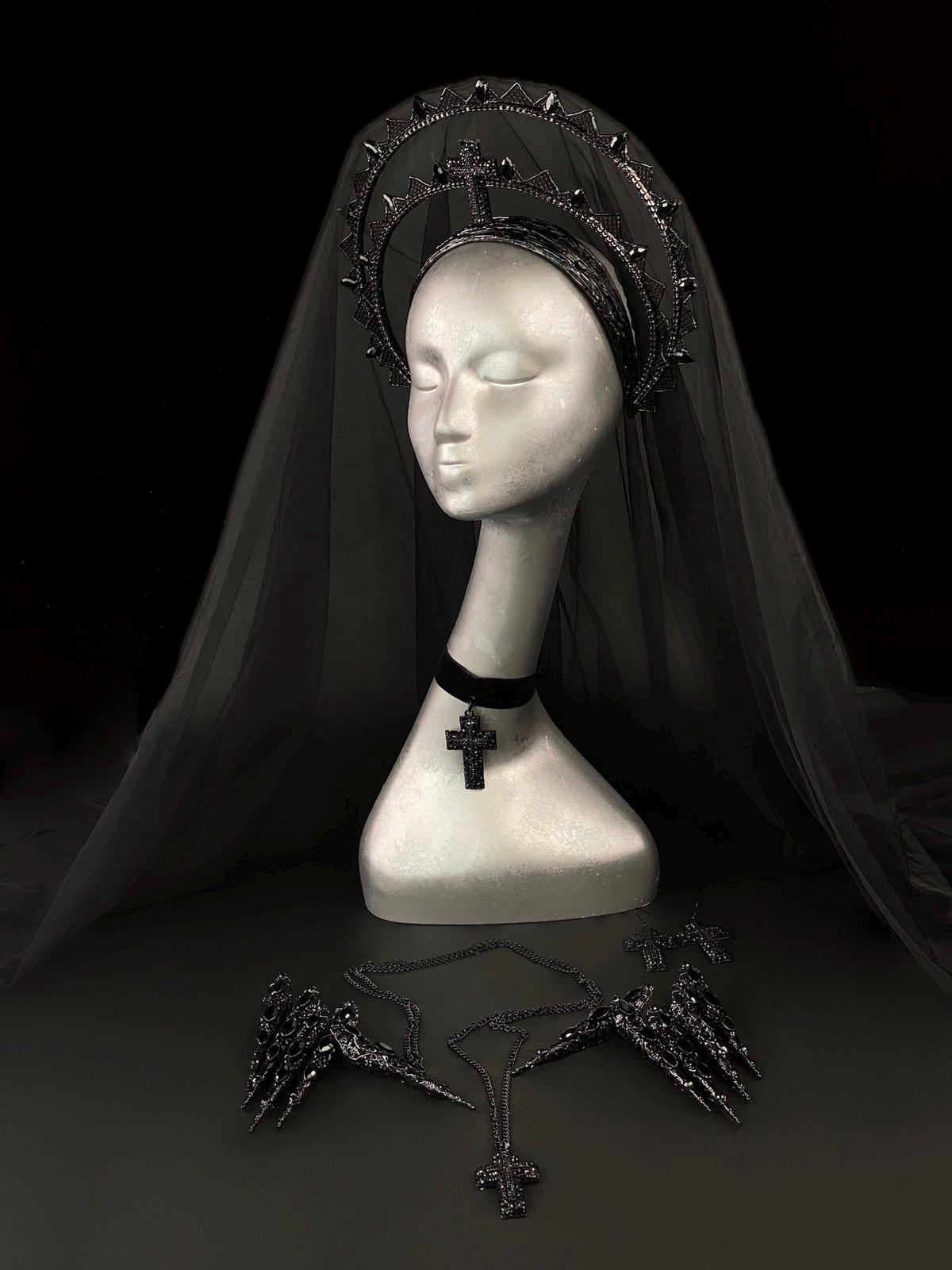 Burning Man, Gothic Double Halo Crown With Veil, Dark Queen