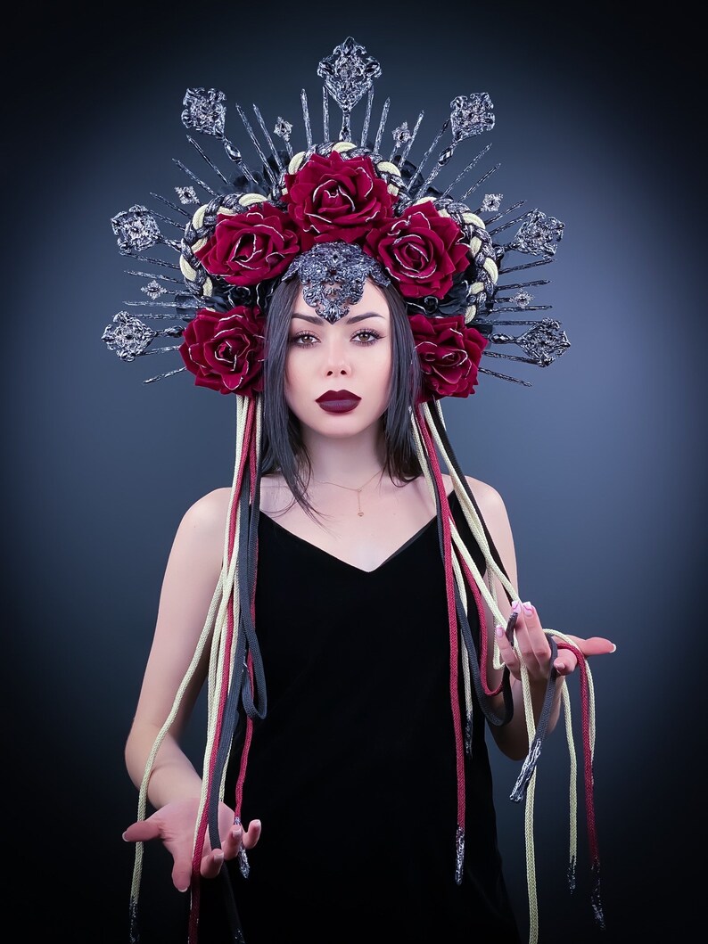 Gothic Crown, Burgundy Roses, Halloween Headband, Frida Kahlo, Santa