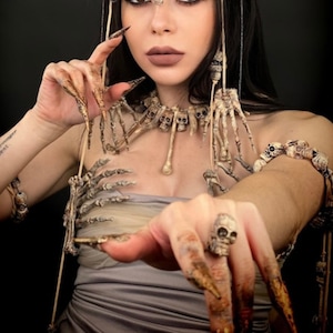 Voodoo Jewelry Set, Bone and Skeleton necklace, Voodoo Priestess Accessory, Dark Queen Jewelry, Skeleton Accessories, Skeleton Tassels