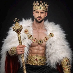 May include: A regal ensemble featuring a gold crown adorned with jewels, a matching scepter, and ornate gold embellishments. The outfit includes a white fur cape with a red lining, and a gold belt. The person is wearing black pants.