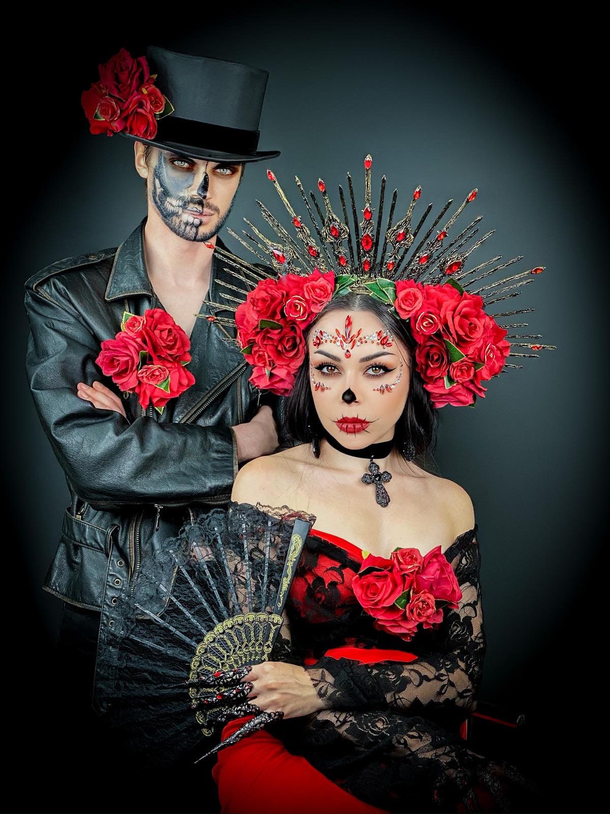 Santa Muerte Couple Headpieces, Gothic Crown and Top Hat, Dia De