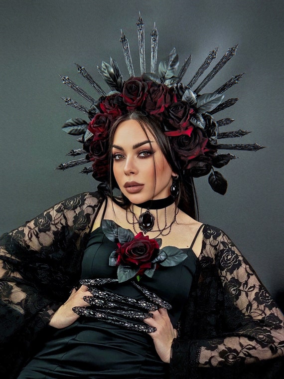 Burning Man, Burgundy Rose Crown, Gothic Dark Goddess Halo  display picture 2