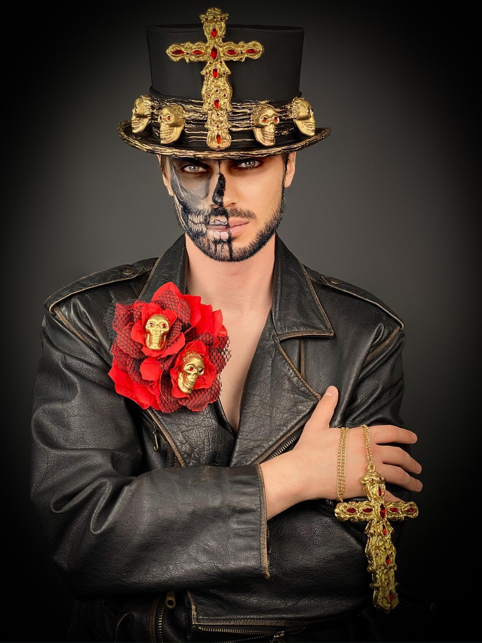 Black Men's Top Hat With Cross, Male Santa Muerte, Dia De Los