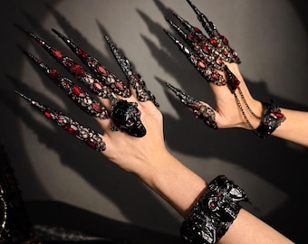 Gothic Black Red Claws Set, Filigree Finger Accessories, Halloween Dark Evil Queen Jewelry