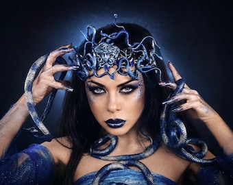 Halloween, Medusa Gorgon Tiara, Blue Snake Headdress, Gothic Serpent Crown