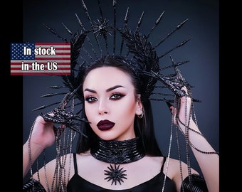 Burning man, Gothic Spike Crown, Dark Queen, Feather Sunburst Halo, Handmade