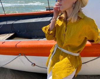 Linen Mustard Oversize Shirt Women  - Loose Fit, Long Sleeve, Button Up, Organic %100 Linen, Extremely Light and Thin, Handmade, Designer