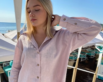 Linen RoseQuarze Oversize Shirt Women  - Loose Fit, Long Sleeve, Button Up, Organic %100 Linen, Extremely Light and Thin, Handmade, Designer