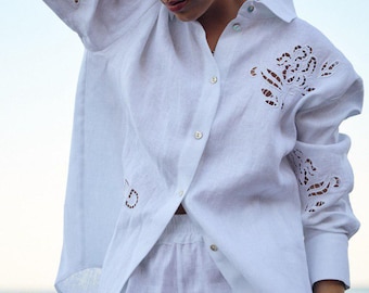 Hand Embroidered Italian Linen Shirt, Floral Cutwork Blouse, Oversized Boho Top
