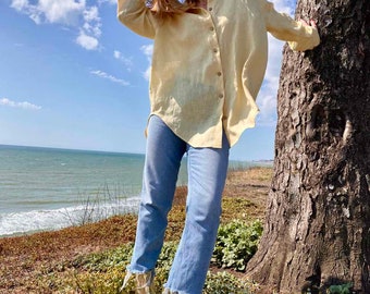 Linen Yellow Oversize Shirt Women  - Loose Fit, Long Sleeve, Button Up, Organic %100 Linen, Extremely Light and Thin, Handmade, Designer