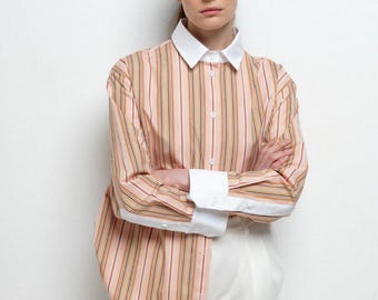 Italian Cotton Oversized Striped Shirt with Contrast Details