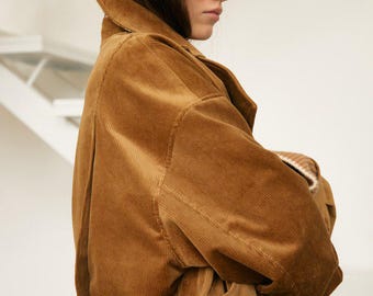 Oversized Corduroy Bomber Jacket, Wool Lined, Retro Winter Coat