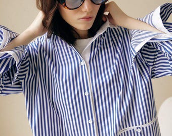 Cotton Striped Oversized Blouse, Relaxed Fit XS-L