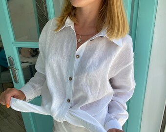 Linen White Oversize Shirt Women  - Loose Fit, Long Sleeve, Button Up, Organic %100 Linen, Extremely Light and Thin, Handmade, Designer