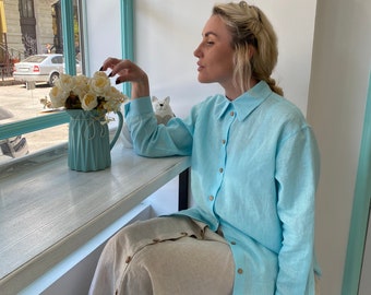 Linen Light Blue Oversize Shirt Women  - Loose Fit, Long Sleeve, Button Up, Organic %100 Linen, Extremely Light and Thin, Handmade, Designer