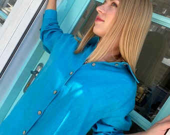 Linen Blue Oversize Shirt Women  - Loose Fit, Long Sleeve, Button Up, Organic %100 Linen, Extremely Light and Thin, Handmade, Designer