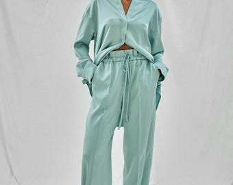 Satin Pajama Set, Oversized Shirt, Wide Leg Lounge Pants (XS-L)