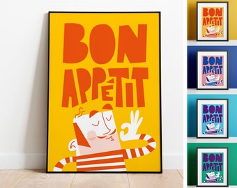 Impression Bon appétit | affiche de cuisine | Cadeau gourmand | Art culinaire | Affiche imprimée | Décoration murale | Millésime français | Pendaison de crémaillère | Milieu du siècle